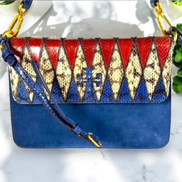 Tory Burch Snakeskin Suede Flap Crossbody & Zip Around Continental Wallet COA - Picture 3 of 17